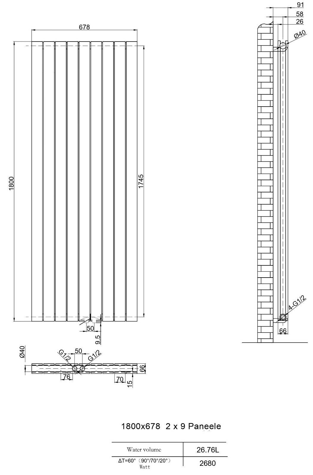 600x1590 Design Flach Heizkörper Paneelheizkörper Horizontal