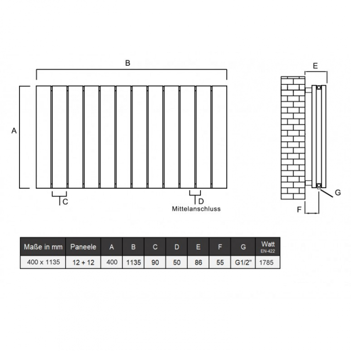 Aluminium Paneelheizkörper CLAUDIO 400X1135 Weiß Mittelanschluss