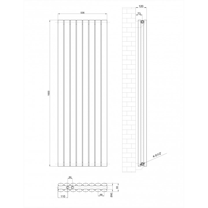 1600 x 536 mm Doppellagig Mittelanschluss Anthrazit Paneelheizkörper NEU Ellipse Design