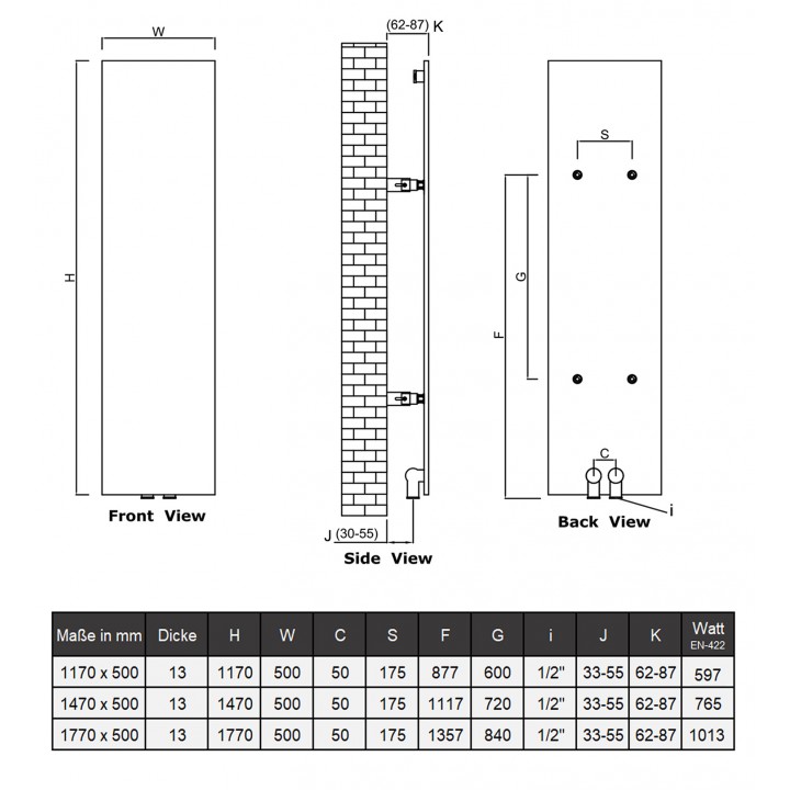 Design Flach Paneelheizkörper Mittelanschluss Slim Heizwand 1170x500 Anthrazit