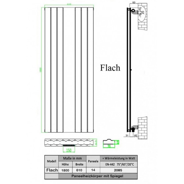 Design Spiegel Doppellagig Badheizkörper Anthrazit Mittelanschluss 1800x553x95