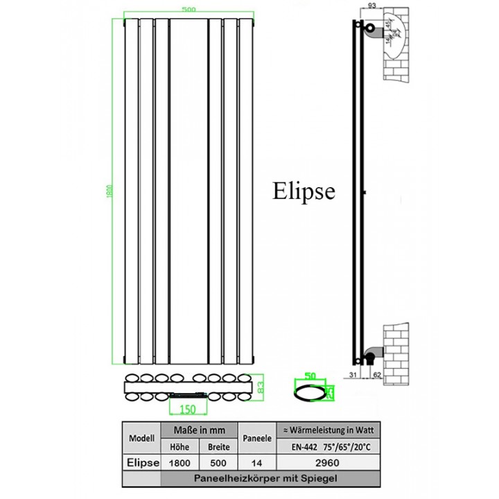 Design Spiegel Doppellagig Badheizkörper Weiß Mittelanschluss 1800x553x95