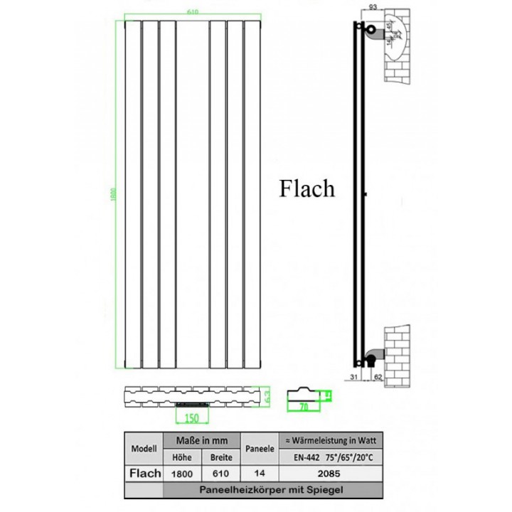 Design Spiegel Doppellagig Badheizkörper Anthrazit Mittelanschluss 1800x610x63