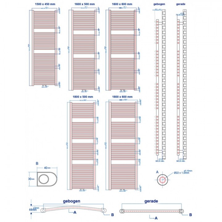 Badheizkörper 1800x500 mm Handtuchheizkörper Weiß gerade Mittelanschluss