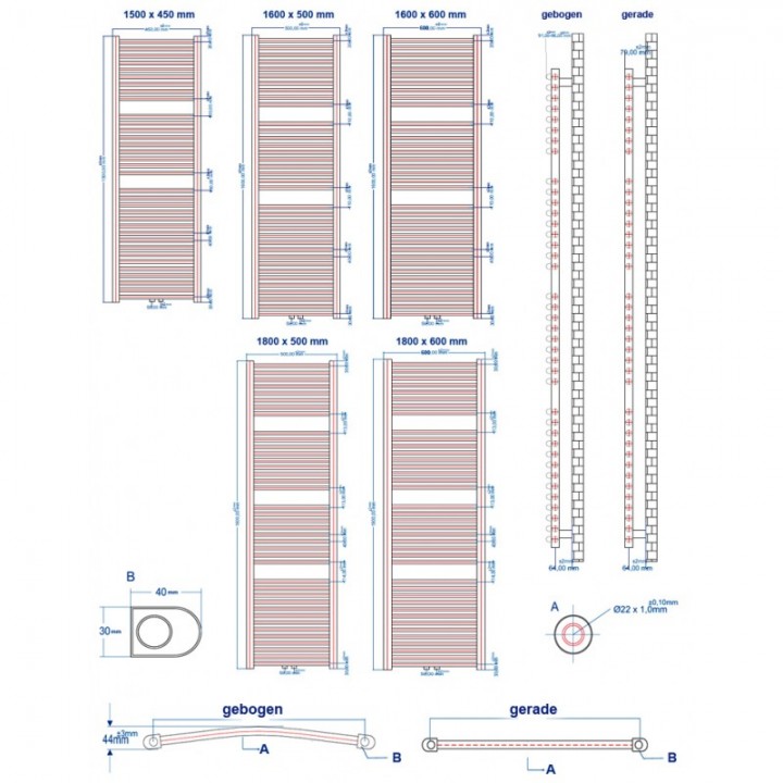 Badheizkörper 1800x600 mm Handtuchheizkörper Weiß gerade Mittelanschluss