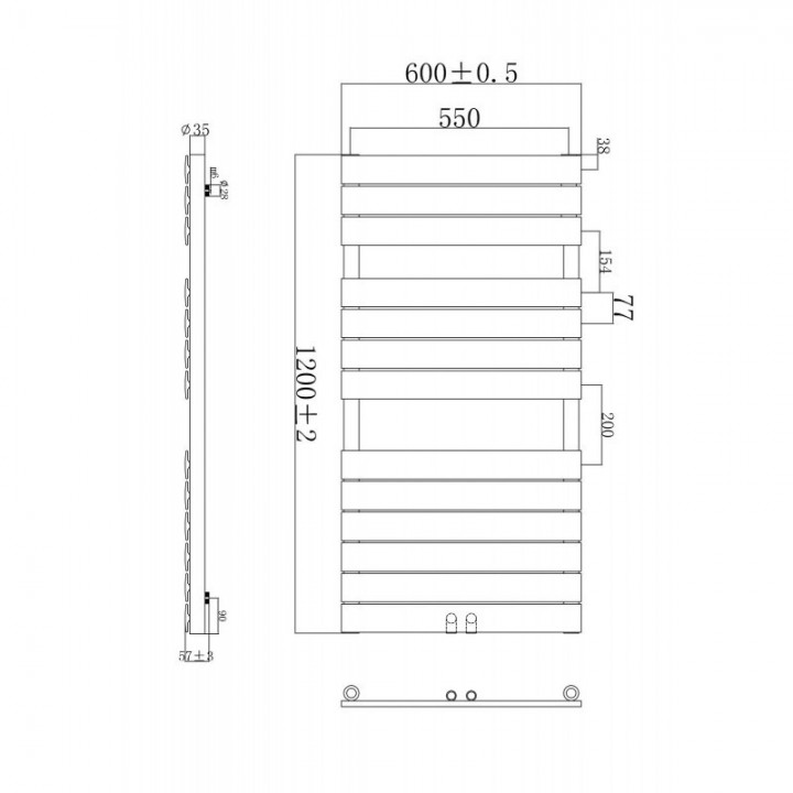 1200 x 600 mm Flach Anthrazit Badheizkörper Handtuchwärmer Mittelanschluss