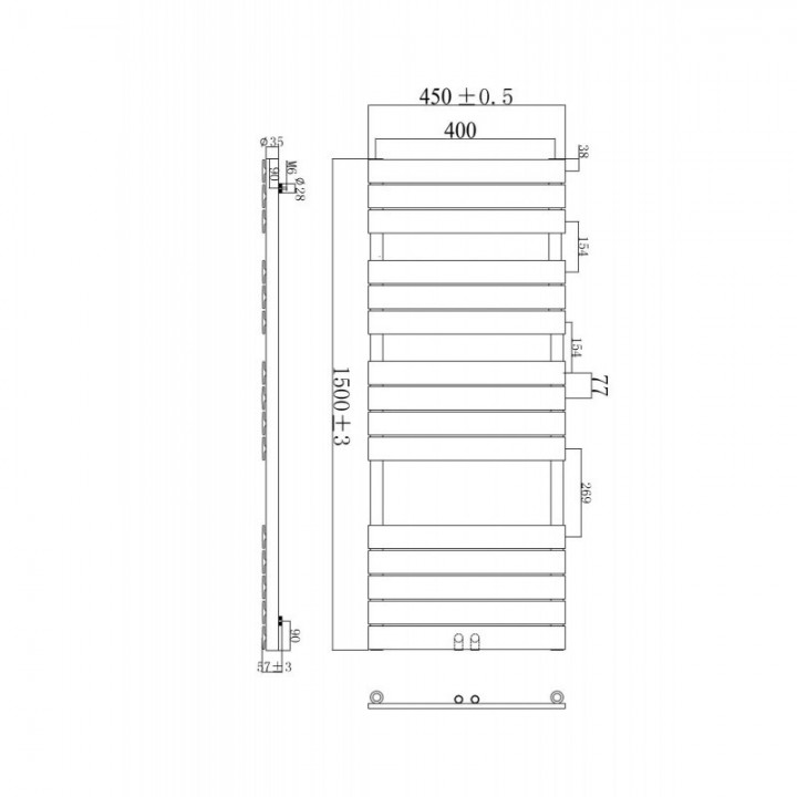 1500 x 450 mm Flach Weiß Badheizkörper Handtuchwärmer