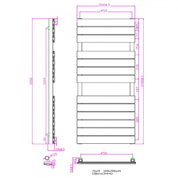 Badheizkörper Handtuchheizkörper 1200x500 Weiß Flachpaneel