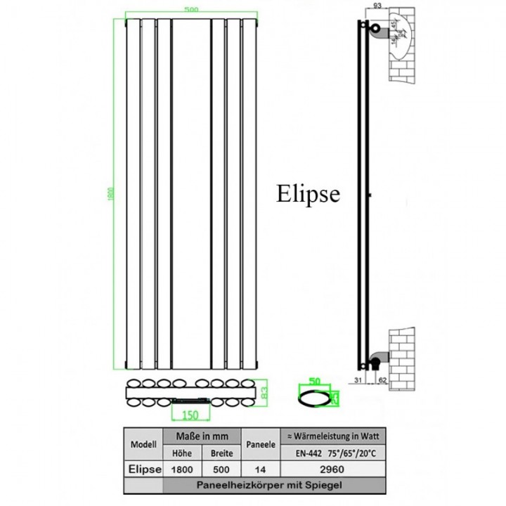Spiegel Paneelheizkörper 1800x553 Doppellagig Anthrazit Ellipse Mittelanschluss