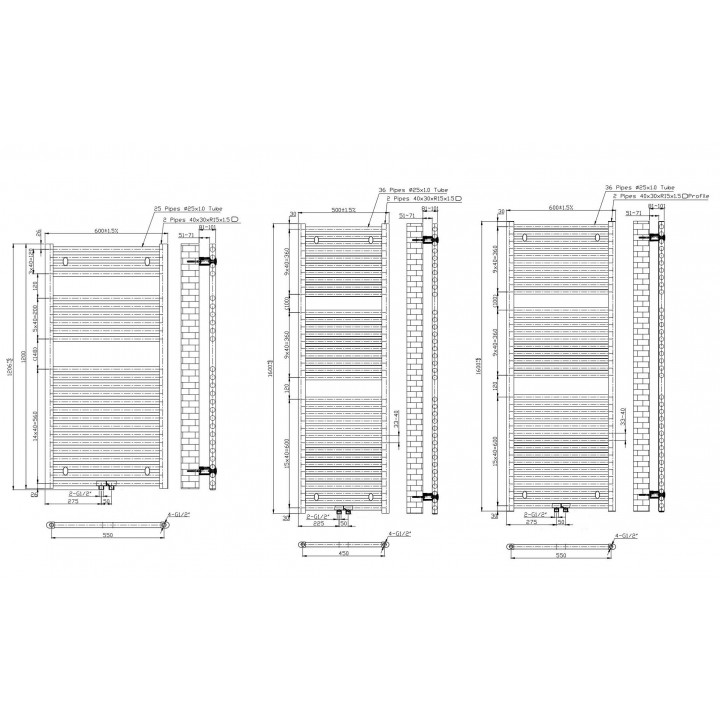 1200 x 600 mm 25mm Profil Gerade Weiß Badheizkörper Mittelanschluss