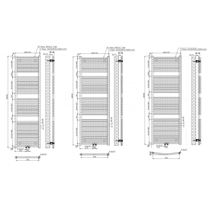 1800x600 mm 25mm Profil Weiß Gerade Badheizkörper Mittelanschluss 1800x600 mm 25mm Profil Weiß Gerade Badheizkörper Mittelanschluss