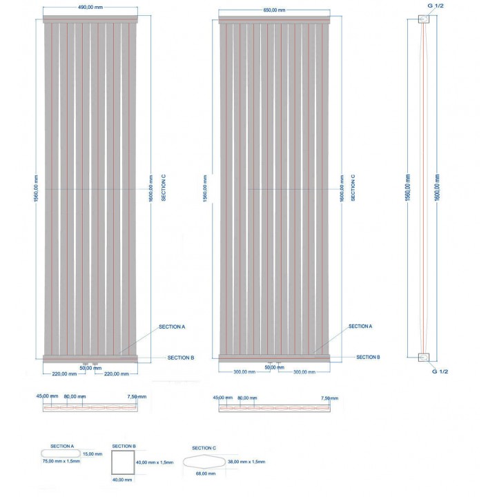 Paneelheizkörper 1600x650 Radfin-Diamond Weiß Mittelanschluss