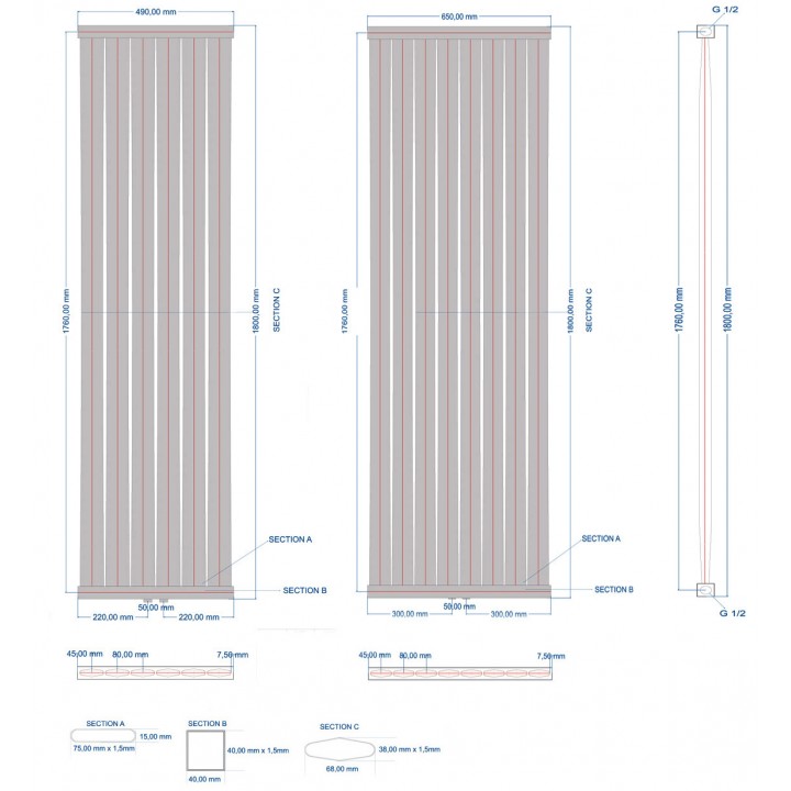 Paneelheizkörper 1800x650 Radfin-Diamond Anthrazit Mittelanschluss