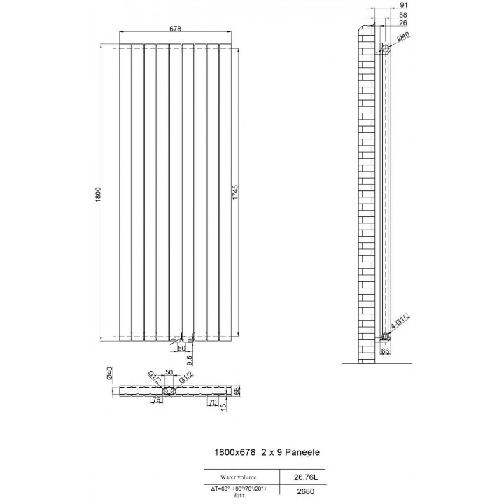 Design Heizkörper Flachheizkörper Badheizkörper Mittelanschluss 1800 x 678 Weiss