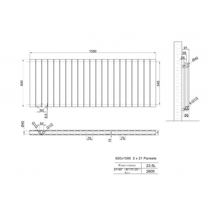 600x1590 Design Flach Heizkörper Paneelheizkörper Horizontal Badheizkörper Doppellagig Weiß