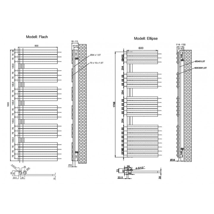 Flach Design Badheizkörper Handtuchwärmer Mittelanschluss Weiß 1576x600mm