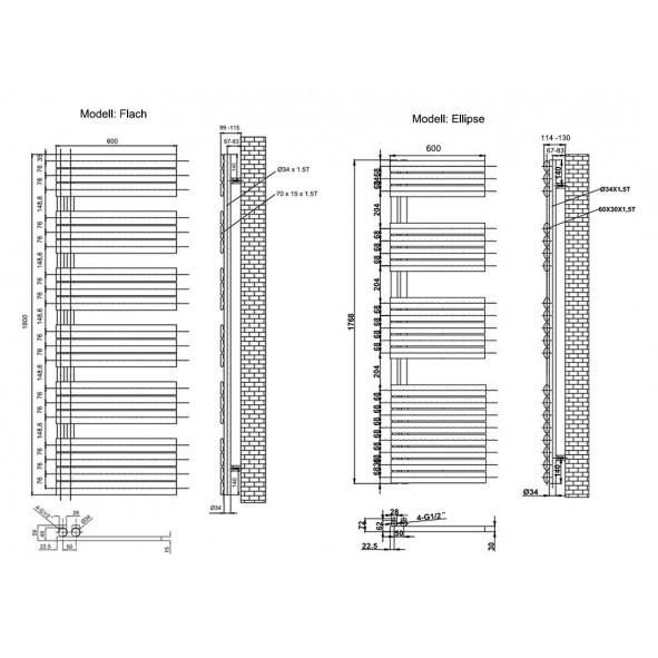 Flach Design Badheizkörper Handtuchwärmer Mittelanschluss Anthrazit 1576x600mm Flach Design Badheizkörper Handtuchwärmer Mittelanschluss Anthrazit 1576x600mm
