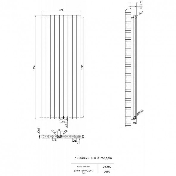 Design Heizkörper Flachheizkörper Badheizkörper Mittelanschluss 1800 x 678 Anthrazit