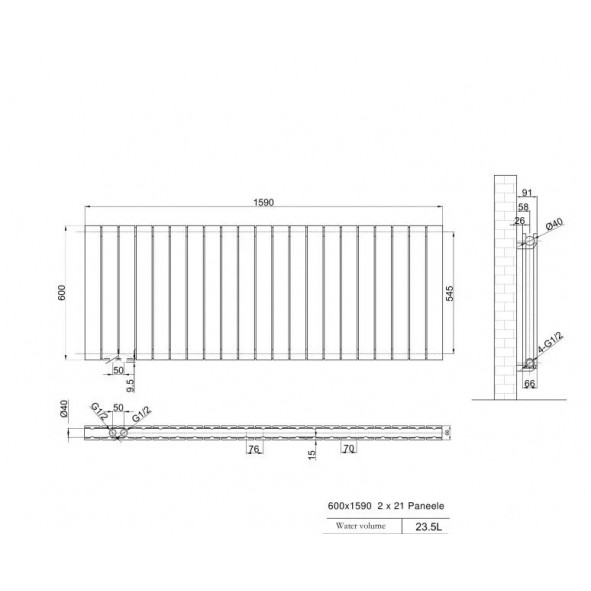 600x1590 Design Flach Heizkörper Paneelheizkörper Horizontal Badheizkörper Doppellagig Weiß
