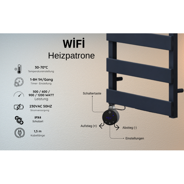 Heizpatrone für heizkörper mit App Steuerung  elektrischer Heizstab für Handtuchheizkörper 300W-1200W weiß