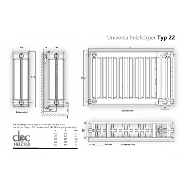 Universalheizkörper Typ22 Kompakt Ventilheizkörper 6 Anschlüsse + Zubehör Universalheizkörper Typ22 Kompakt Ventilheizkörper 6 Anschlüsse + Zubehör