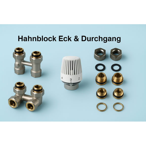 Hahnblock Set Eck Heizkörper Thermostatkopf Zweirohr Ventil Eurokonus 1/2 16mm Hahnblock Set Eck Heizkörper Thermostatkopf Zweirohr Ventil Eurokonus 1/2 16mm