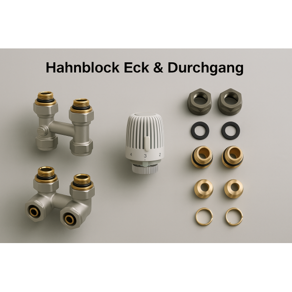 Hahnblock Set Eck Heizkörper Thermostatkopf Zweirohr Ventil Eurokonus 1/2 16mm Hahnblock Set Eck Heizkörper Thermostatkopf Zweirohr Ventil Eurokonus 1/2 16mm