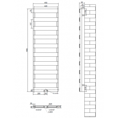 Desing Alumiminium Vertikal Paneelheizkörper Mittelanschluss Weiß 1483x450