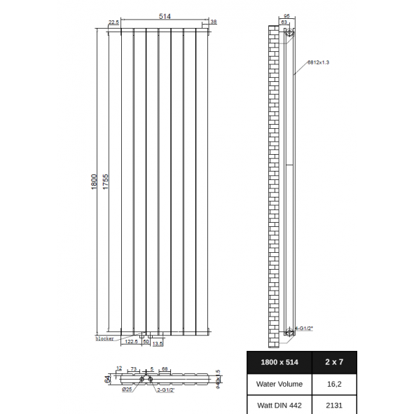 Flach Design Paneelheizkörper Doppellagig Versetzter Mittelanschluss 1800 x 514mm Weiß Flach Design Paneelheizkörper Doppellagig Versetzter Mittelanschluss 1800 x 514mm Weiß