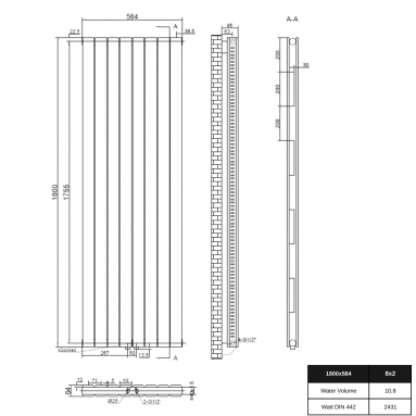 Wonder 1800x584 Flach Doppellagig Vertikal Wandheizkörper Mittelanschluss Paneelheizkörper Anthrazit