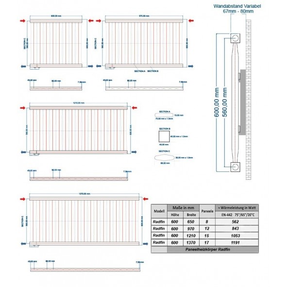 Paneelheizkörper 600x1210 Radfin-Diamond Horizontal Weiß Mittelanschluss