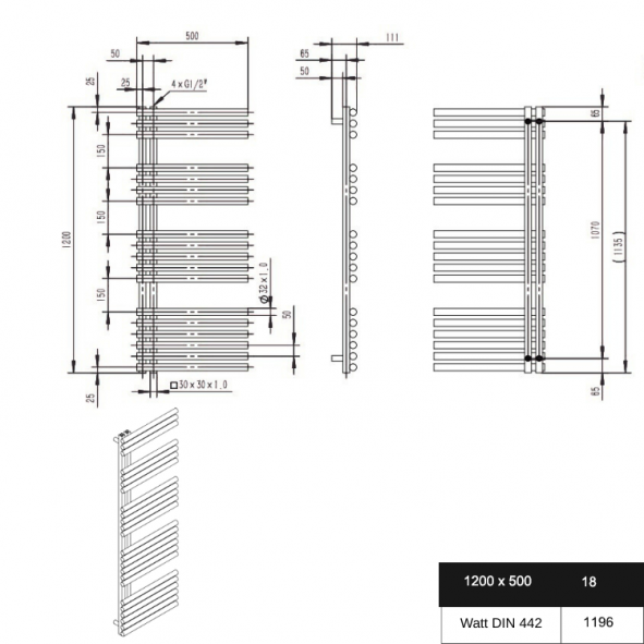 1200x500 Edelstahl Badheizkörper Design Heizkörper Chrom Handtuchwärmer Mittelanschluss