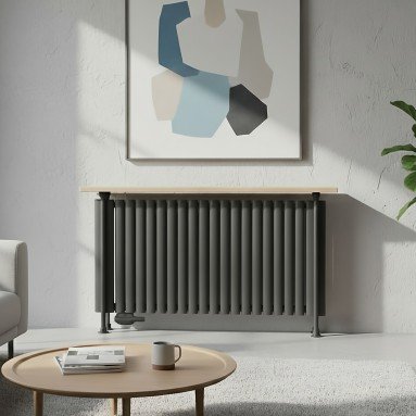 Trennwand Heizwand mit Ablage Paneelheizkörper Holzablage Standfuß Mittelanchluß Anthrazit